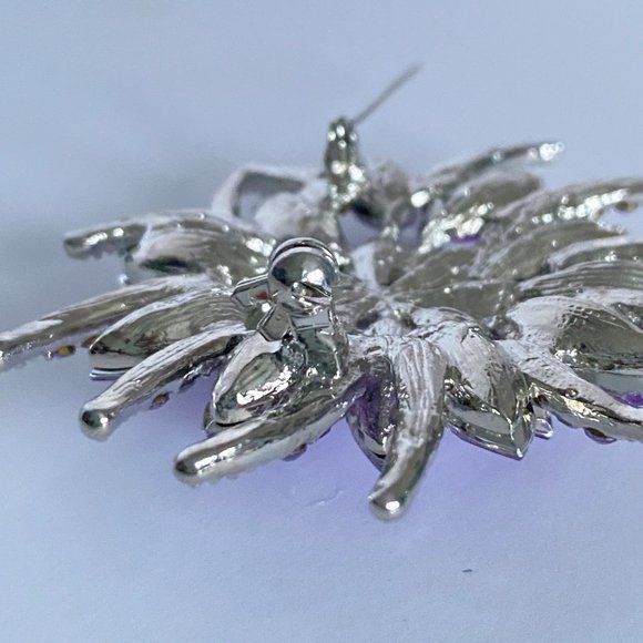 Purple Rhinestones Flower Large Crystal Floral Brooch Silver Tone 2.5in - Picture 9 of 11
